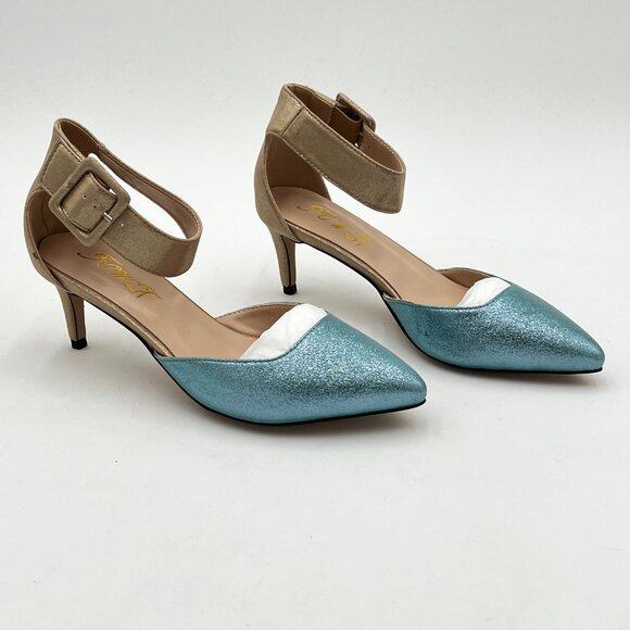 FOWT Blue Ankle Straps Buckles Sexy Pointed Toe Kitten Heels D'Orsay Pumps - Picture 4 of 6